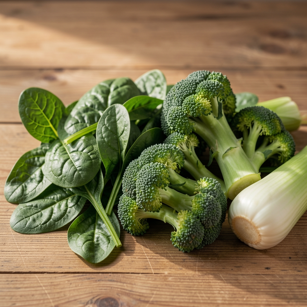 Свеже зелено поврће — шпинат, броколи, краставац и першун у природном светлу на дрвеном столу, детаљни приказ текстура листова