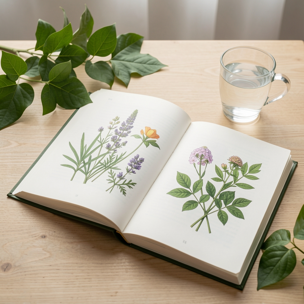 Отворена научна књига са ботаничким илустрацијама поред чаше воде и зелених биљних листова на светлом дрвеном столу