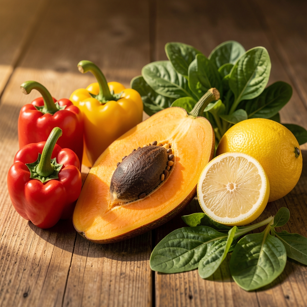 Разноврсно свеже поврће и воће у топлом природном светлу — паприке, парадајз, лимун и листови зеленила на дрвеној подлози